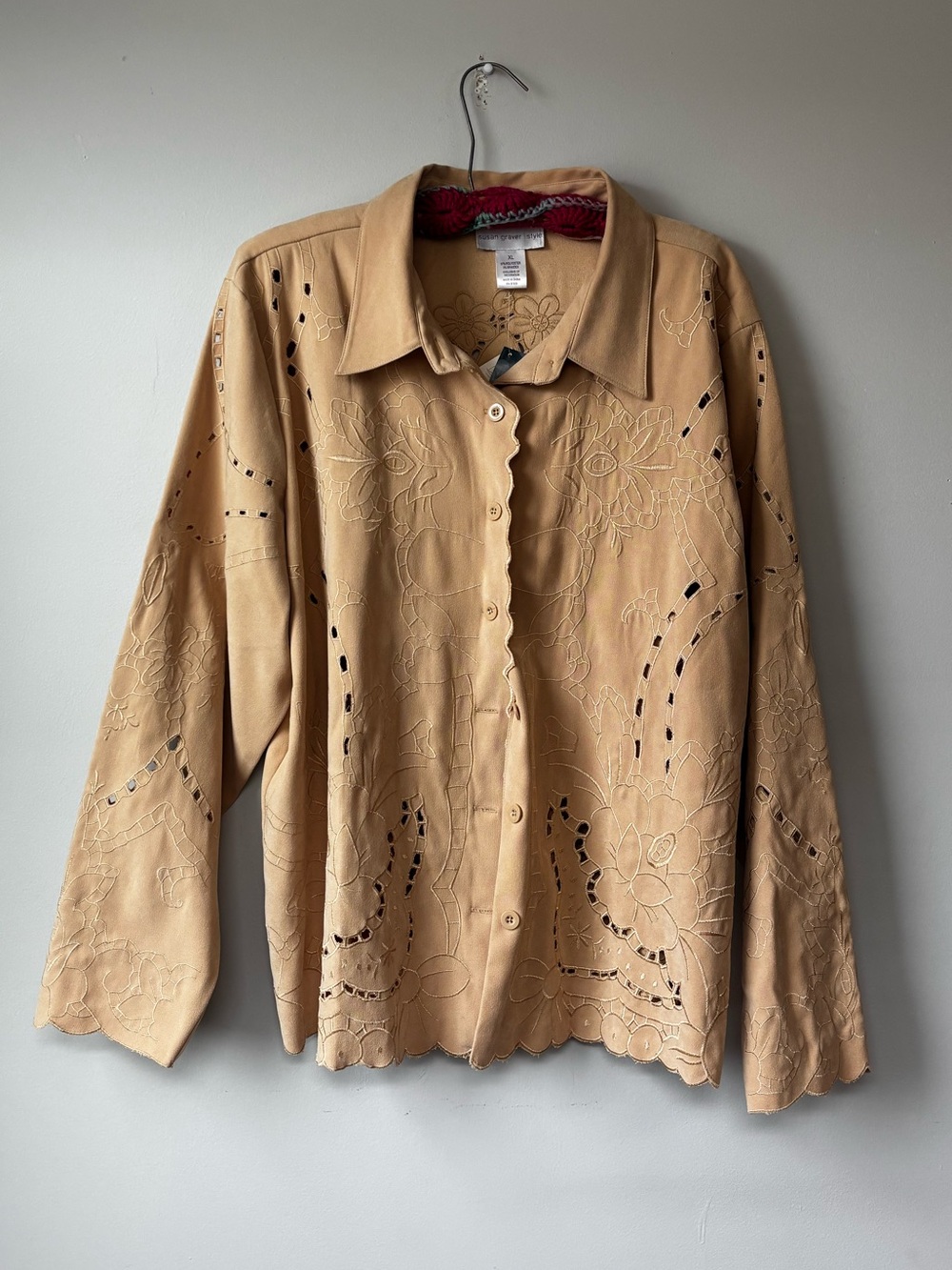 Susan Graver Tan Embroidered Eyelet Top